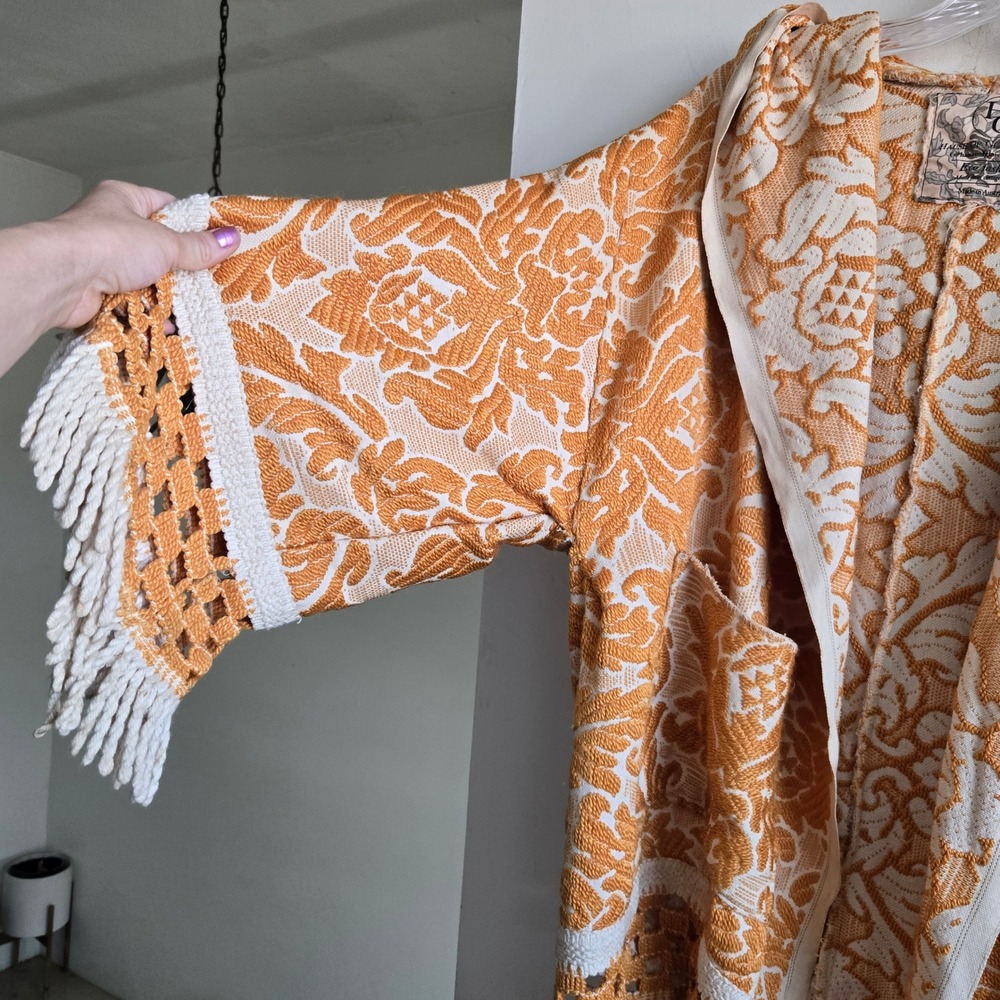 Upcycled Vtg Hause of Glassborow OS Hooded Cardigan Yellow Boho Fringe Excellent - Picture 6 of 9